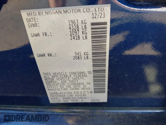 2024 Nissan Altima 2.5 SR with VIN 1N4BL4CV5RN361258, listed as a IAAI auction lot 42068639 with 15,146 mi miles. Bid and sale history available at carsss.com. Image 9.