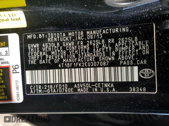 2014 Toyota Camry L with VIN 4T1BF1FK2EU307087, listed as a Copart auction lot 48544245 with 189,526 mi miles and Salvage Title. Bid and sale history available at carsss.com. Image 14.
