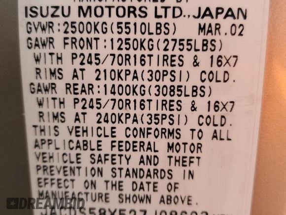2002 Isuzu Trooper S z VIN JACDS58X527J08603, wystawiony jako Copart lot #63357674 z przebiegiem 218 282 mil mil oraz Szkody całkowita. Historia ofert i sprzedaży dostępna na DreamBid. Obrazek 13.