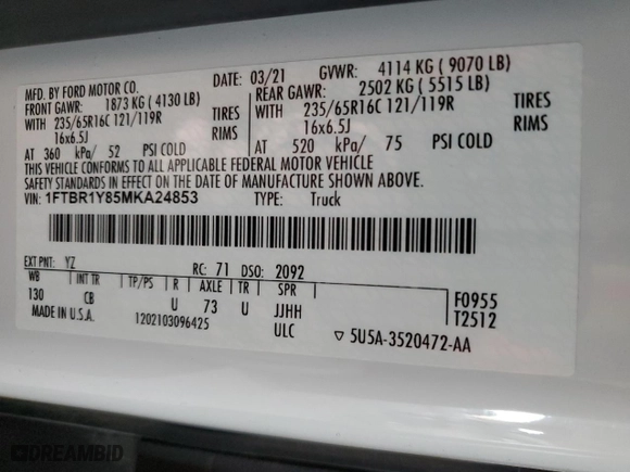 2021 Ford Transit Cargo Van with VIN 1FTBR1Y85MKA24853, listed as a Copart auction lot 86571514 with 19,933 mi miles and Salvage Title. Bid and sale history available at carsss.com. Image 12.