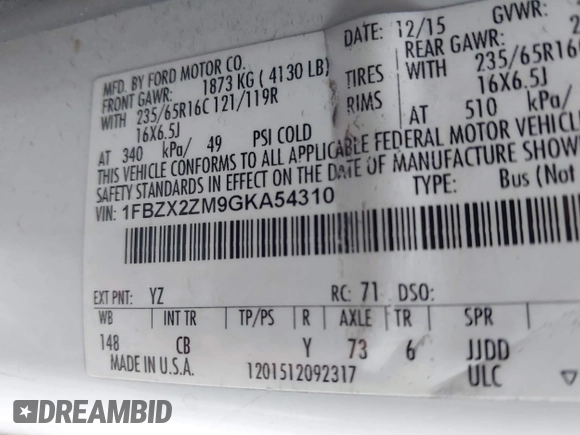 2016 Ford Transit XL with VIN 1FBZX2ZM9GKA54310, listed as a IAAI auction lot 41835830 with 155,438 mi miles and . Bid and sale history available at DreamBid. Image 9.