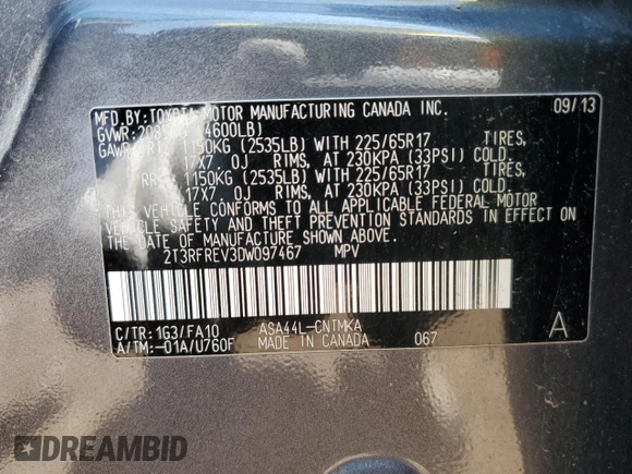 2013 Toyota RAV4 XLE with VIN 2T3RFREV3DW097467, listed as a Copart auction lot 62609425 with 182,962 mi miles and Salvage title. Bid and sale history available at DreamBid. Image 13.