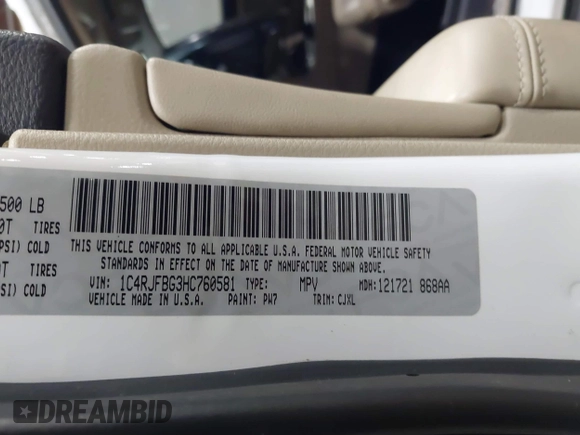 2017 Jeep Grand Cherokee Limited with VIN 1C4RJFBG3HC760581, listed as a IAAI auction lot 41070420 with 103,385 mi miles. Bid and sale history available at carsss.com. Image 9.