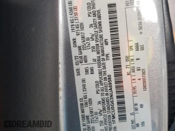 2022 Ford Escape SE with VIN 1FMCU0G63NUA69580, listed as a Copart auction lot 60127375 with 61,556 mi miles and Salvage title. Bid and sale history available at DreamBid. Image 12.