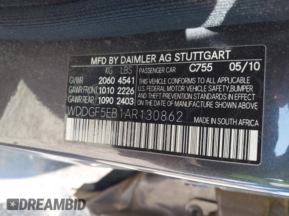 2010 Mercedes-Benz C-Class C 300 Sport with VIN WDDGF5EB1AR130862, listed as a IAAI auction lot 41819105 with 1 mi miles. Bid and sale history available at carsss.com. Image 9.