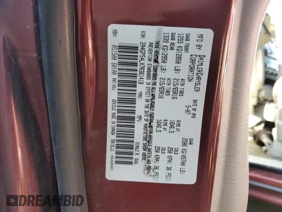 2007 Chrysler Town & Country Touring with VIN 2A4GP54LX7R361418, listed as a Copart auction lot 44330715 with Not Provided miles and Salvage Title. Bid and sale history available at DreamBid. Image 14.