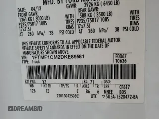 2013 Ford F-150 XL with VIN 1FTMF1CM2DKE89581, listed as a Copart auction lot 58984845 with 229,179 mi miles and Salvage title. Bid and sale history available at DreamBid. Image 12.