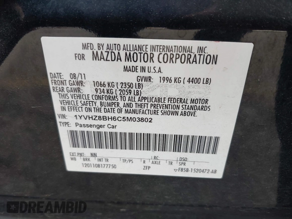 2012 Mazda 6 i Sport with VIN 1YVHZ8BH6C5M03802, listed as a IAAI auction lot 42041022 with 202,047 mi miles and . Bid and sale history available at carsss.com. Image 9.