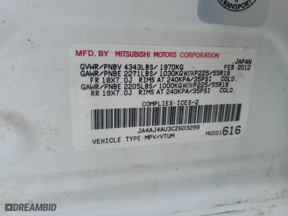 2012 Mitsubishi RVR GT with VIN JA4AJ4AU3CZ603299, listed as a Copart auction lot 46351355 with NaN miles and Salvage Title. Bid and sale history available at carsss.com. Image 12.