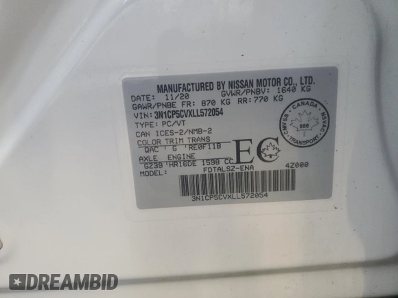 2020 Nissan Kicks SV with VIN 3N1CP5CVXLL572054, listed as a Copart auction lot 57312005 with 61,731 mi miles and Clean title. Bid and sale history available at DreamBid. Image 13.