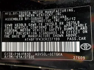 2012 Toyota Camry L with VIN 4T4BF1FK3CR227199, listed as a Copart auction lot 51802175 with 158,722 mi miles and Salvage Title. Bid and sale history available at DreamBid. Image 12.