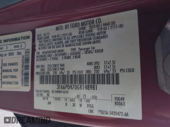 2016 Ford Fusion SE with VIN 3FA6P0H70GR148981, listed as a IAAI auction lot 42333153 with 131,442 mi miles and . Bid and sale history available at DreamBid. Image 9.