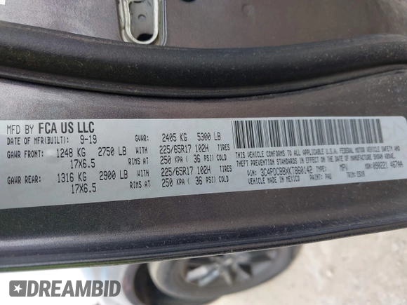 2019 Dodge Journey SE with VIN 3C4PDCBBXKT860142, listed as a IAAI auction lot 42126997 with 101,675 mi miles and . Bid and sale history available at DreamBid. Image 9.