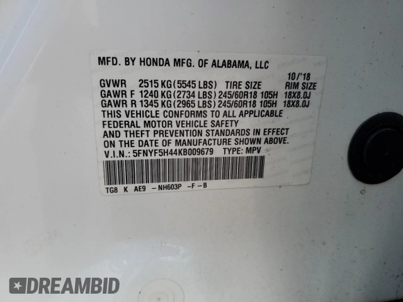 2019 Honda Pilot EX-L with VIN 5FNYF5H44KB009679, listed as a Copart auction lot 62210505 with 148,628 mi miles and Salvage title. Bid and sale history available at DreamBid. Image 13.
