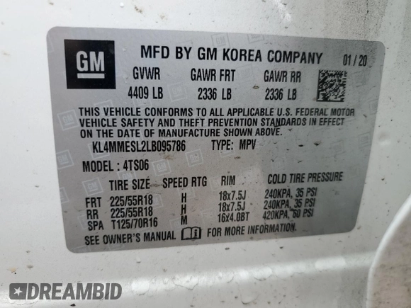 2020 Buick Encore GX Select with VIN KL4MMESL2LB095786, listed as a Copart auction lot 53663965 with 46,508 mi miles and Salvage title. Bid and sale history available at DreamBid. Image 14.