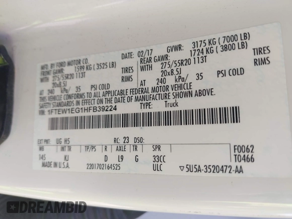 2017 Ford F-150 XL with VIN 1FTEW1EG1HFB39224, listed as a IAAI auction lot 42264364 with 184,773 mi miles and . Bid and sale history available at DreamBid. Image 9.