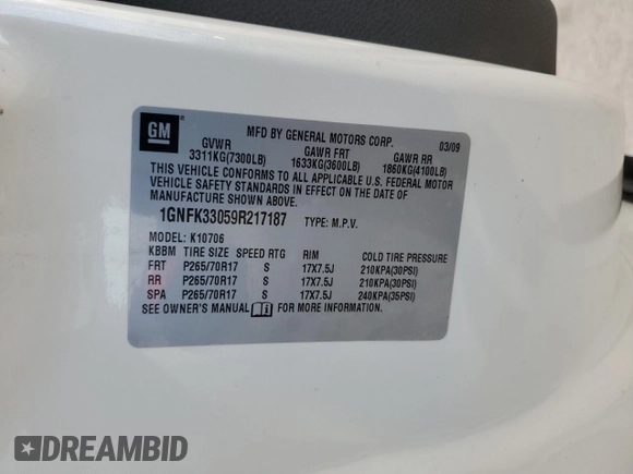 2009 Chevrolet Tahoe LTZ with VIN 1GNFK33059R217187, listed as a Copart auction lot 51563245 with 256,259 mi miles and Salvage title. Bid and sale history available at DreamBid. Image 14.