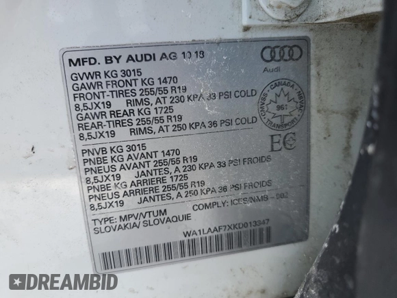 2019 Audi Q7 Premium Plus with VIN WA1LAAF7XKD013347, listed as a Copart auction lot 44849605 with 70,173 mi miles and Clean title. Bid and sale history available at DreamBid. Image 13.
