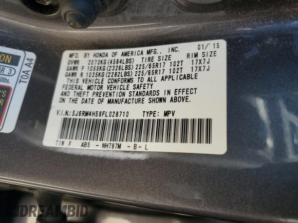 2015 Honda CR-V EX with VIN 5J6RM4H59FL028710, listed as a Copart auction lot 50399465 with 157,256 mi miles and Salvage Title. Bid and sale history available at DreamBid. Image 14.