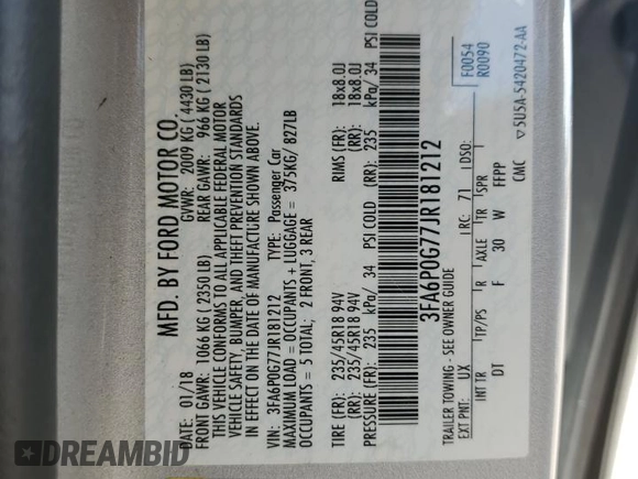 2018 Ford Fusion S z VIN 3FA6P0G77JR181212, wystawiony jako Copart lot #53244345 z przebiegiem 82 008 mil mil oraz Szkoda całkowita • Salvage title. Historia ofert i sprzedaży dostępna na DreamBid. Obrazek 12.