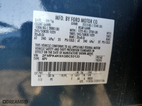 2016 Ford Edge Titanium with VIN 2FMPK4K9XGBC53133, listed as a Copart auction lot 44601205 with 105,454 mi miles and Salvage Title. Bid and sale history available at carsss.com. Image 16.