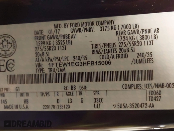 2017 Ford F-150 XL с VIN 1FTEW1EG3HFB15006, выставлен на аукционе IAAI как лот 41910607 с пробегом 111 648 миль миль и . История ставок и продаж доступна на DreamBid. Изображение 9.