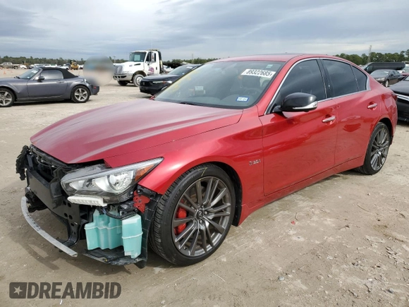 2020 Infiniti Q50 Red Sport 400 with VIN JN1FV7AP4LM630619, listed as a Copart auction lot 89322685 with 49,573 mi miles and Salvage title. Bid and sale history available at DreamBid. Image 1.