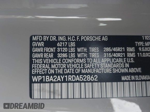 2024 Porsche Cayenne with VIN WP1BA2AY1RDA52862, listed as a IAAI auction lot 41262541 with 13,084 mi miles and . Bid and sale history available at DreamBid. Image 9.
