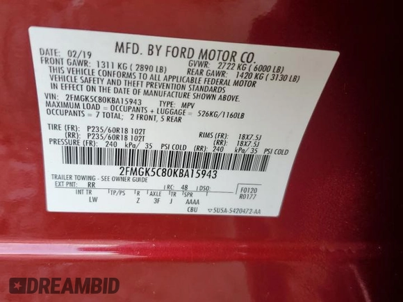 2019 Ford Flex SEL with VIN 2FMGK5C80KBA15943, listed as a Copart auction lot 50723205 with 31,911 mi miles and Salvage Title. Bid and sale history available at carsss.com. Image 12.