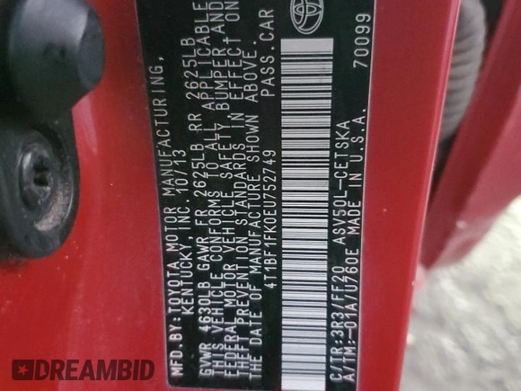 2014 Toyota Camry L with VIN 4T1BF1FK0EU752749, listed as a Copart auction lot 88238825 with Not Provided miles and Salvage Title. Bid and sale history available at DreamBid. Image 12.