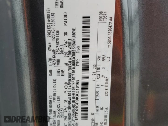 2019 Ford F-150 XL with VIN 1FTEX1CP9KKC18168, listed as a Copart auction lot 43907045 with 28,450 mi miles and Salvage title. Bid and sale history available at DreamBid. Image 12.