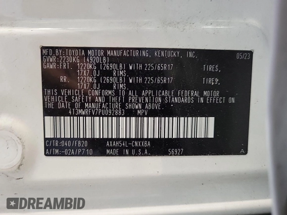 2023 Toyota RAV4 Hybrid LE with VIN 4T3MWRFV7PU092883, listed as a IAAI auction lot 42634790 with 38,822 mi miles and . Bid and sale history available at DreamBid. Image 1.