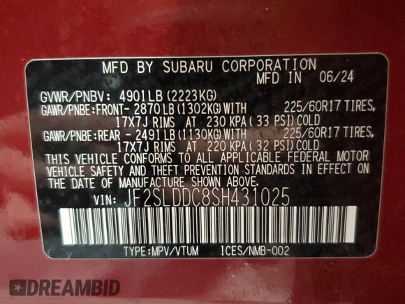2025 Subaru Forester Premium with VIN JF2SLDDC8SH431025, listed as a Copart auction lot 54746375 with 15,502 mi miles and Salvage title. Bid and sale history available at DreamBid. Image 14.