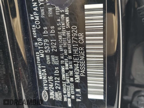 2017 Genesis G80 3.8L with VIN KMHGN4JE1HU177920, listed as a Copart auction lot 49685815 with 107,275 mi miles and Salvage Title. Bid and sale history available at DreamBid. Image 12.