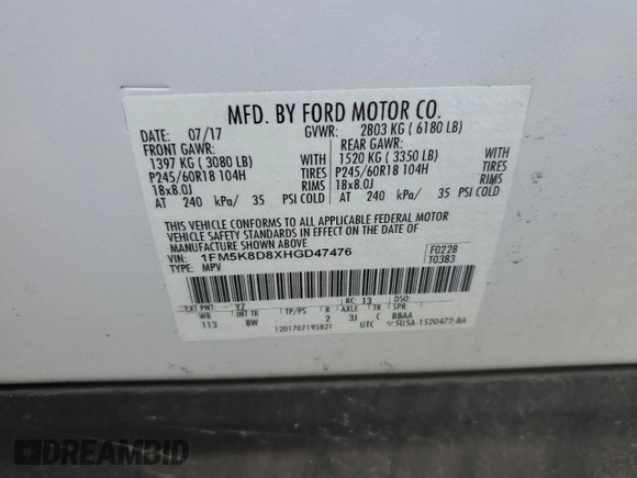 2017 Ford Explorer XLT with VIN 1FM5K8D8XHGD47476, listed as a Copart auction lot 50155845 with 80,763 mi miles and Salvage Title. Bid and sale history available at DreamBid. Image 13.