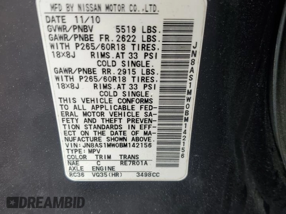 2011 Infiniti FX with VIN JN8AS1MW0BM142156, listed as a Copart auction lot 60468945 with Not provided miles and Salvage title. Bid and sale history available at DreamBid. Image 13.