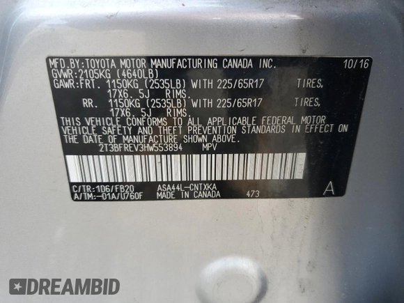 2017 Toyota RAV4 LE with VIN 2T3BFREV3HW553894, listed as a Copart auction lot 51763825 with 114,268 mi miles and Salvage Title. Bid and sale history available at carsss.com. Image 13.