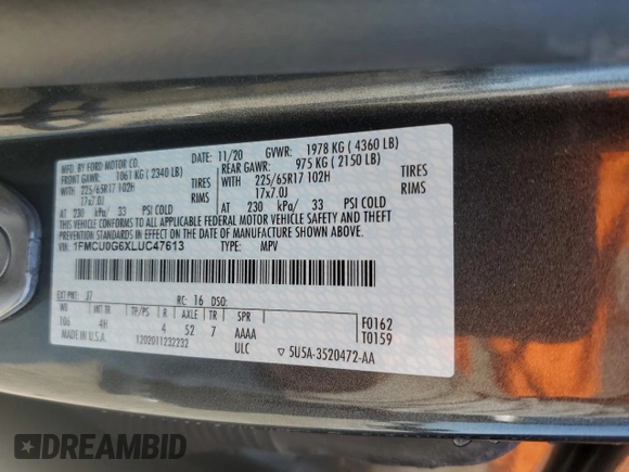 2020 Ford Escape SE with VIN 1FMCU0G6XLUC47613, listed as a Copart auction lot 48487555 with 99,310 mi miles and Non Repairable. Bid and sale history available at carsss.com. Image 14.