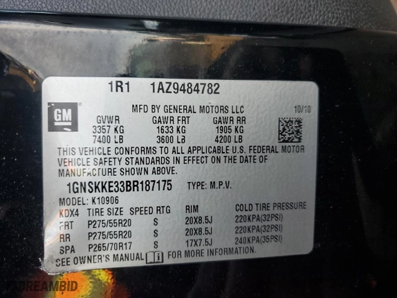 2011 Chevrolet Suburban LTZ with VIN 1GNSKKE33BR187175, listed as a Copart auction lot 47043715 with NaN miles and Salvage Title. Bid and sale history available at carsss.com. Image 13.