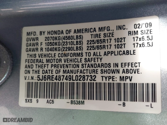 2009 Honda CR-V EX-L with VIN 5J6RE48749L028732, listed as a IAAI auction lot 41884092 with 164,402 mi miles. Bid and sale history available at carsss.com. Image 9.