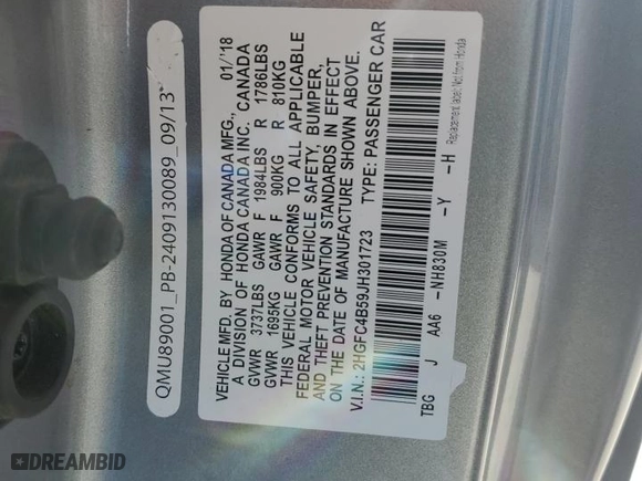 2018 Honda Civic Coupe LX with VIN 2HGFC4B59JH301723, listed as a Copart auction lot 46605105 with 91,158 mi miles and Clean Title. Bid and sale history available at carsss.com. Image 14.