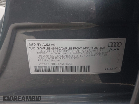 2006 Audi A4 2.0T with VIN WAUKF78E76A075231, listed as a IAAI auction lot 40491397 with 244,908 mi miles and . Bid and sale history available at DreamBid. Image 9.