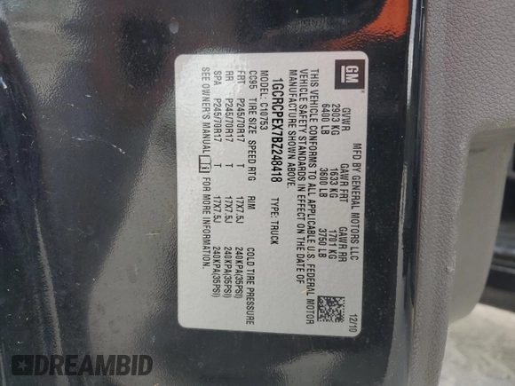 2011 Chevrolet Silverado 1500 Work Truck with VIN 1GCRCPEX7BZ248418, listed as a Copart auction lot 84303834 with 198,468 mi miles and Clean Title. Bid and sale history available at DreamBid. Image 12.