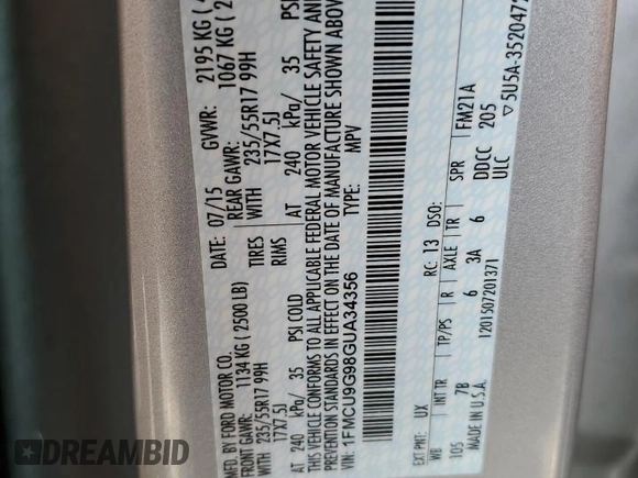 2016 Ford Escape SE with VIN 1FMCU9G98GUA34356, listed as a Copart auction lot 53311305 with 93,331 mi miles and Clean Title. Bid and sale history available at DreamBid. Image 14.