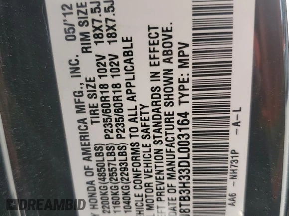 2013 Acura RDX with VIN 5J8TB3H33DL003164, listed as a Copart auction lot 57809625 with 153,227 mi miles and Salvage title. Bid and sale history available at DreamBid. Image 13.