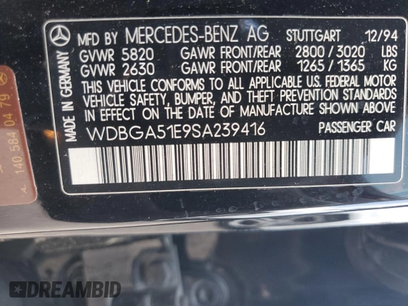 1995 Mercedes-Benz S with VIN WDBGA51E9SA239416, listed as a Copart auction lot 56059905 with 186,286 mi miles and Clean Title. Bid and sale history available at DreamBid. Image 12.