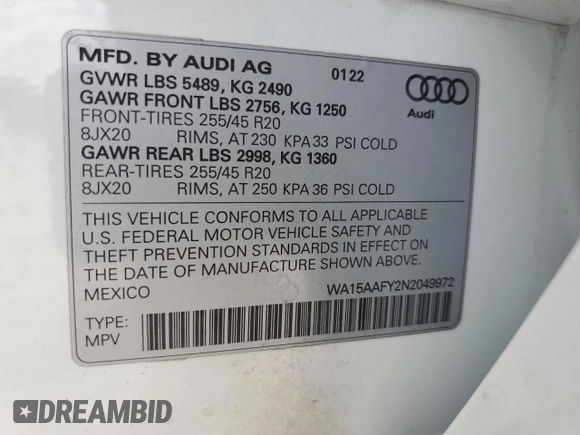 2022 Audi Q5 Sportback S line Premium Plus with VIN WA15AAFY2N2049972, listed as a Copart auction lot 56050245 with 42,730 mi miles and Salvage title. Bid and sale history available at DreamBid. Image 14.