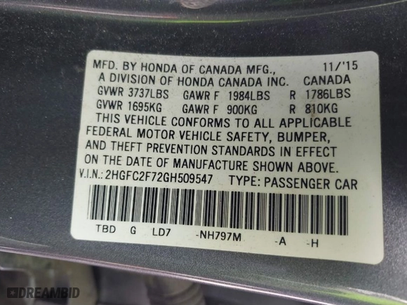 2016 Honda Civic Sedan EX with VIN 2HGFC2F72GH509547, listed as a IAAI auction lot 41744276 with 124,084 mi miles. Bid and sale history available at carsss.com. Image 9.
