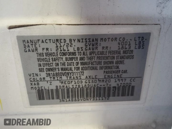 2022 Nissan Sentra SR with VIN 3N1AB8DV0NY311172, listed as a Copart auction lot 51752235 with 21,235 mi miles and Salvage Title. Bid and sale history available at carsss.com. Image 12.