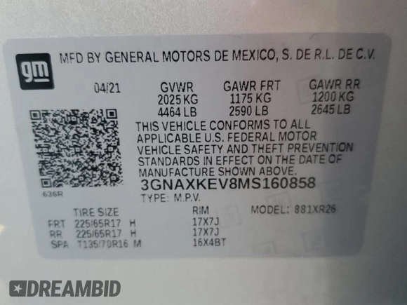 2021 Chevrolet Equinox LT with VIN 3GNAXKEV8MS160858, listed as a Copart auction lot 53155325 with 48,465 mi miles and Salvage Title. Bid and sale history available at DreamBid. Image 14.